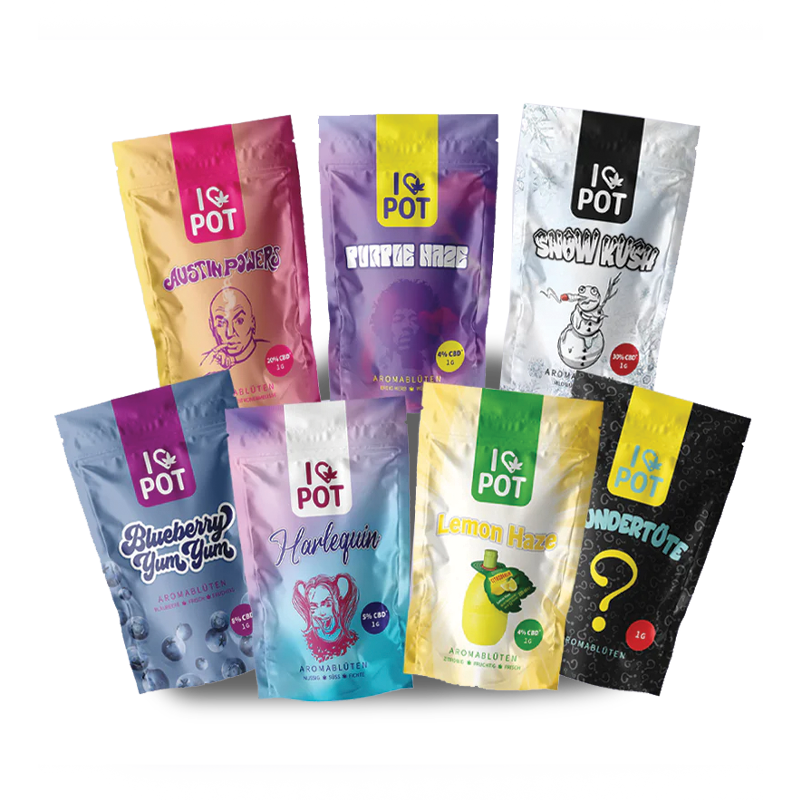 I LOVE POT FLORES CBD Paquete con 8 envoltorios coloridos en diferentes variedades como Blueberry, Lemon Haze y Harlequin.