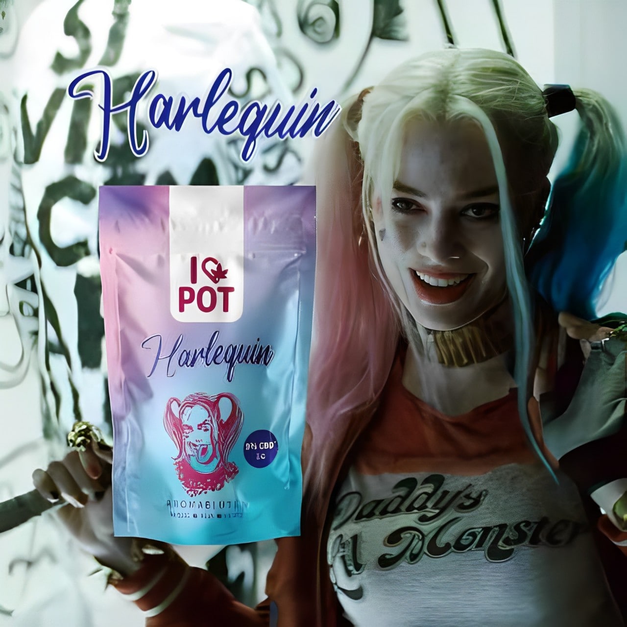 I LOVE POT Fleur d’CBD Arlequin avec un emballage dégradé coloré, logo du produit et design caractéristique sur fond blanc...