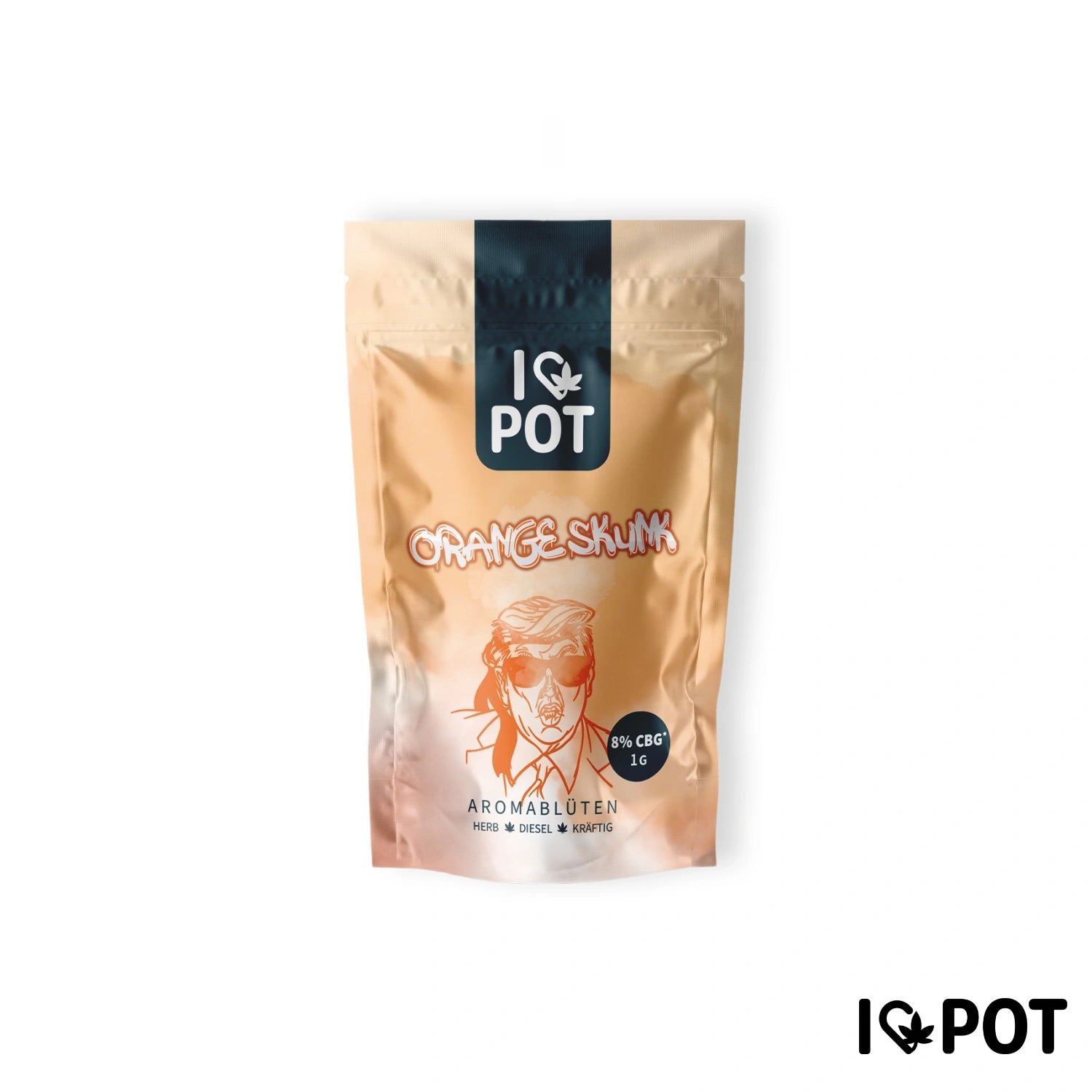 I LOVE POT Fleur de CBG Orange Skunk dans un sachet beige avec bandeau logo noir et illustration du produit orange, 8 % CBG.