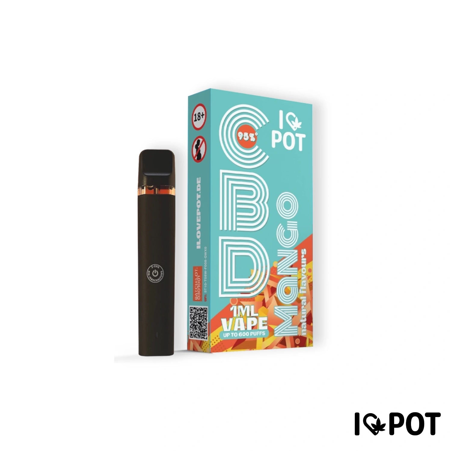 I LOVE POT CBD Vape Pen 95 % Mango - stylo noir à côté d’un emballage turquoise au design rétro avec des éléments orange et jaunes.