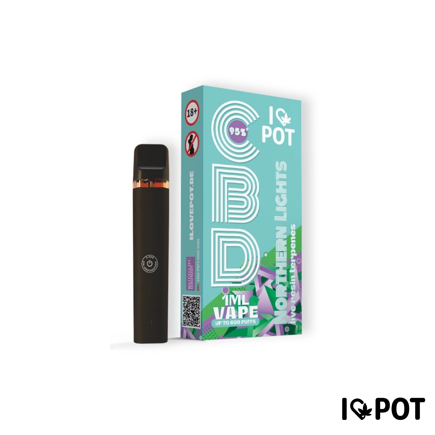 I LOVE POT CBD Vape Pen 95 % Northern Lights avec un emballage turquoise-vert et un stylo vape noir, jusqu'à 600 bouffées, 18+ Pr...