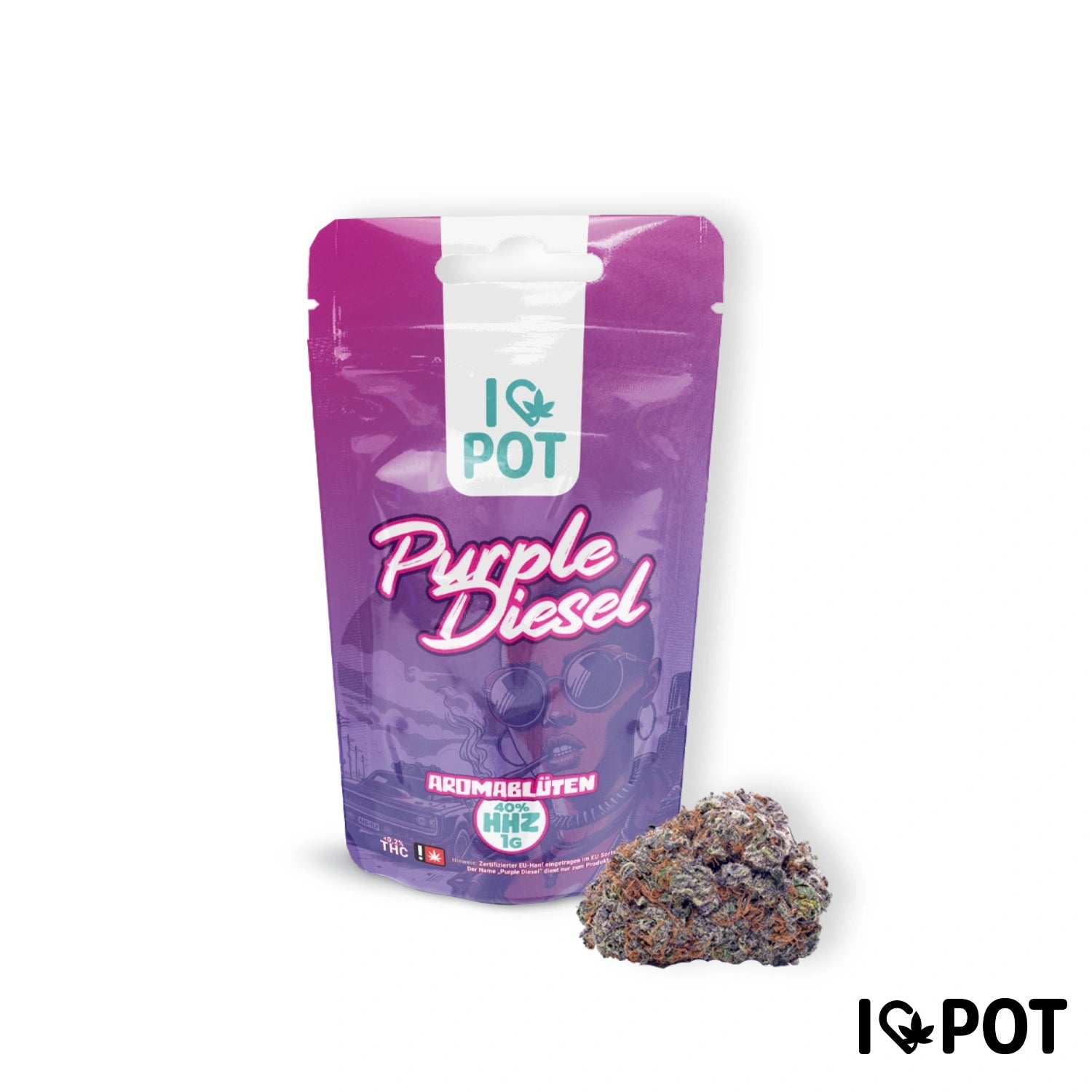 I LOVE POT HHZ Flor Purple Diesel en envase lila con flores aromáticas al lado sobre fondo blanco
