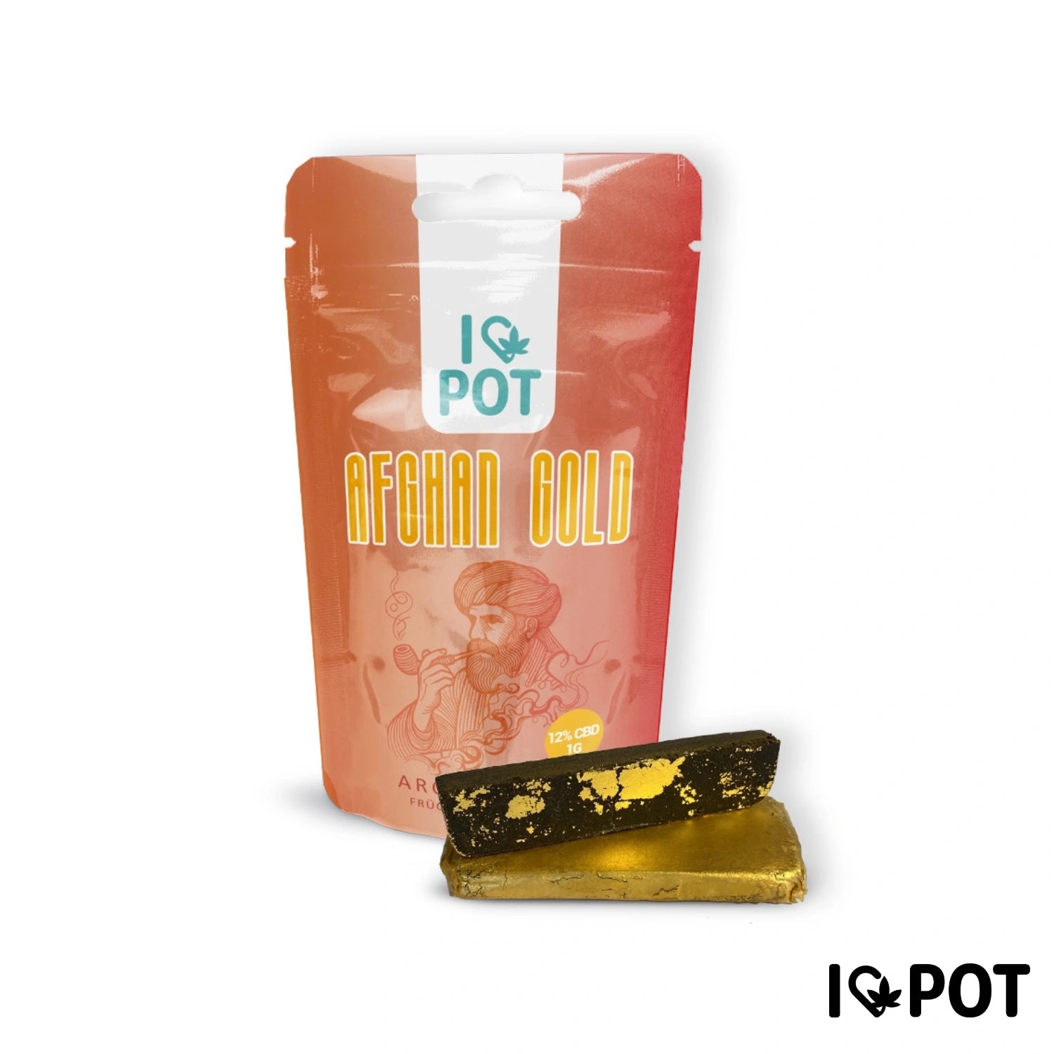 I LOVE POT Afghan Gold HASCHICH CBD dans un emballage rouge avec un produit doré sur fond blanc.