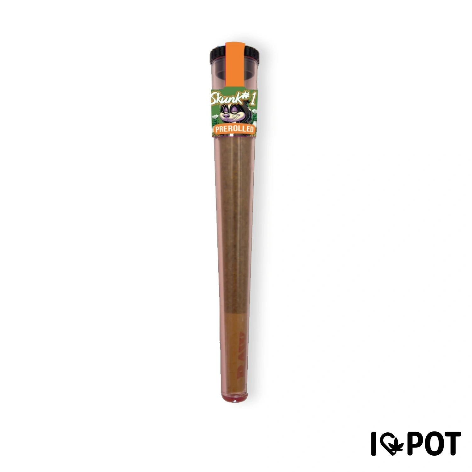 HHZ Pre-Roll Skunk #1 en tubo de plástico con tapa naranja y negra y etiqueta verde con motivo de mofeta de I LOVE POT.