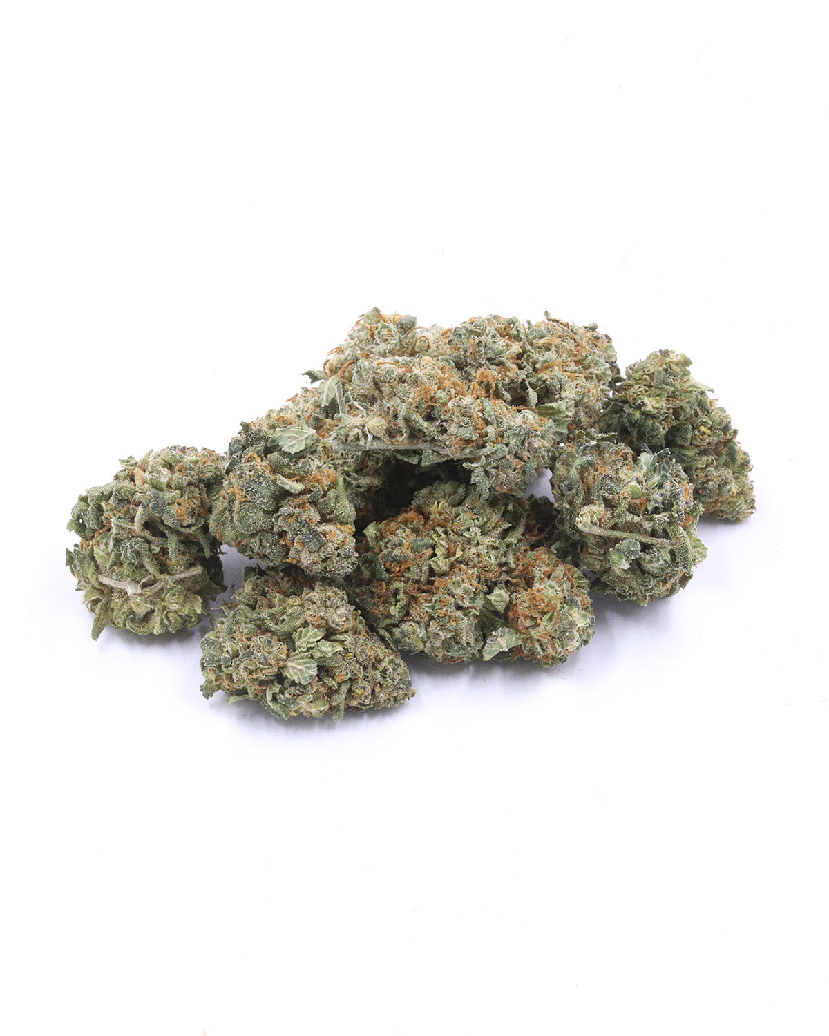 Flor de CBG Orange Skunk de I LOVE POT: Cannabinoid-Flores verde, densamente ramificada, con pelillos naranjas sobre un fondo blanco...