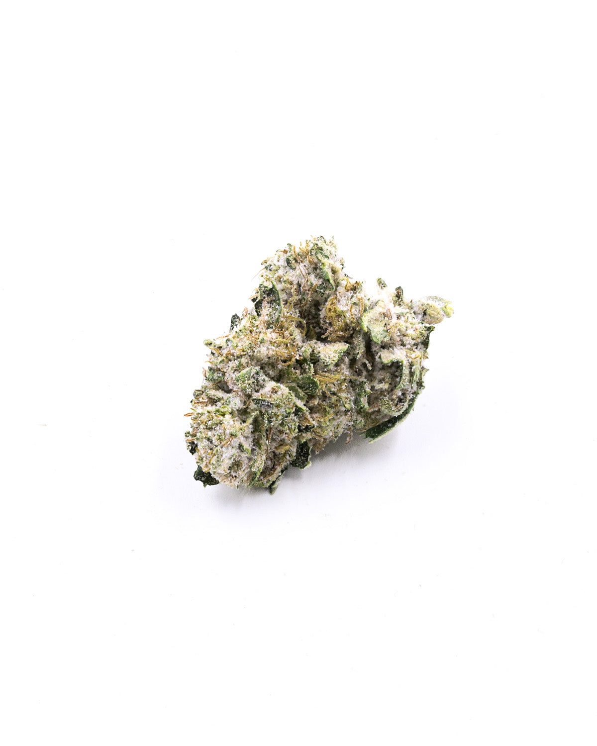 FLORES CBD Paquete de I LOVE POT: Flores de cannabis secas con tonalidades verdes y blancas sobre fondo blanco.