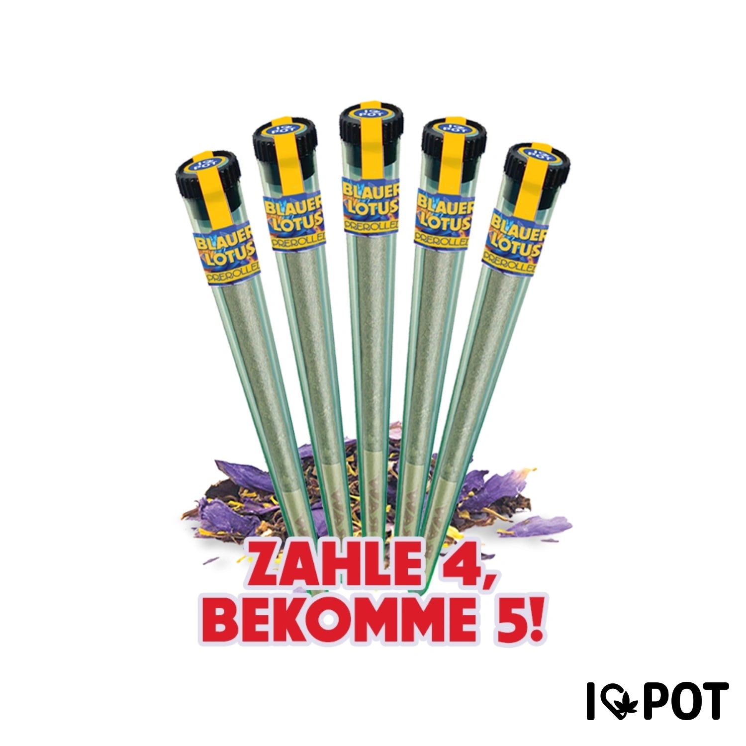 NIEBIESKI LOTOS Zestaw Pre Roll z 5 sztukami – pięć zielonych jointów z żółto-czarnymi filtrami i etykietą Borówka-Lotos na białym...