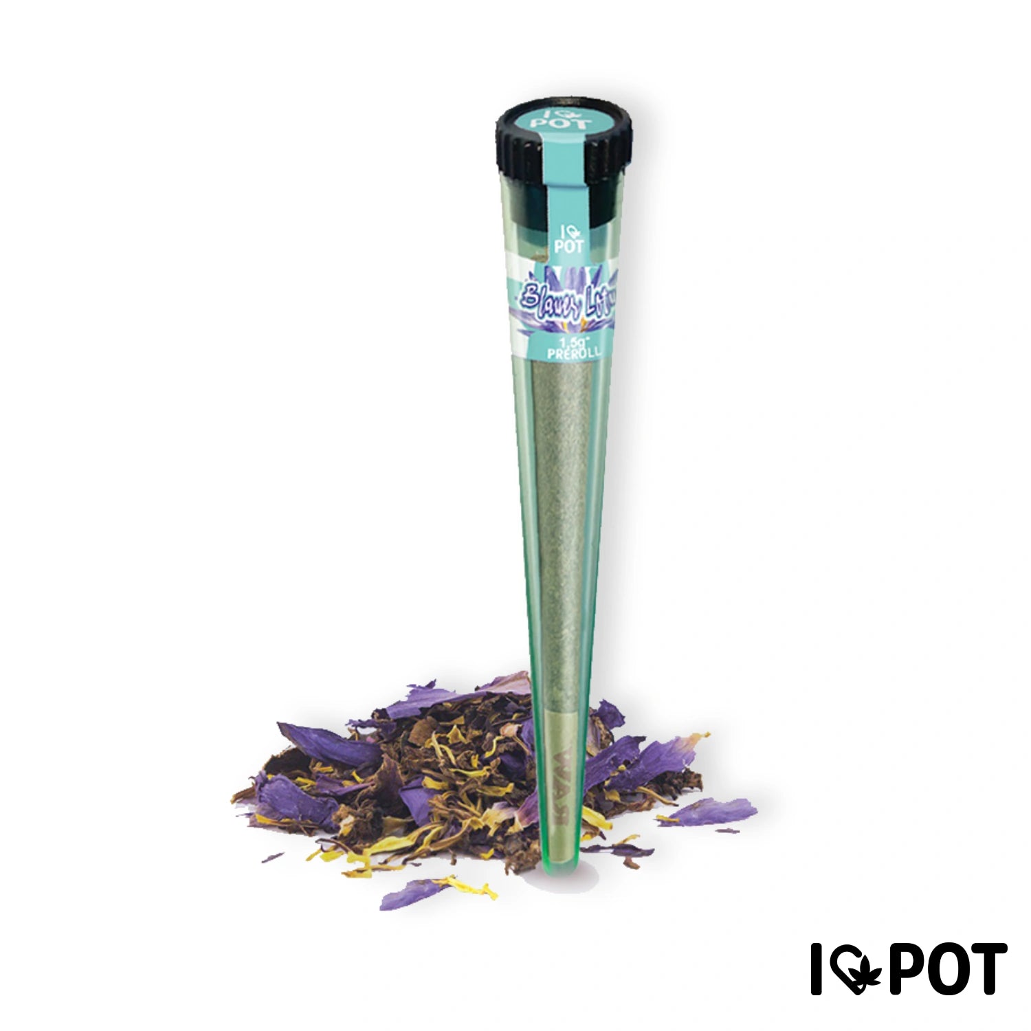 I LOVE POT NIEBIESKI LOTOS Pre Roll w zielonej tubie z czarną pokrywką, otoczony fioletowymi i żółtymi Kwiaty.