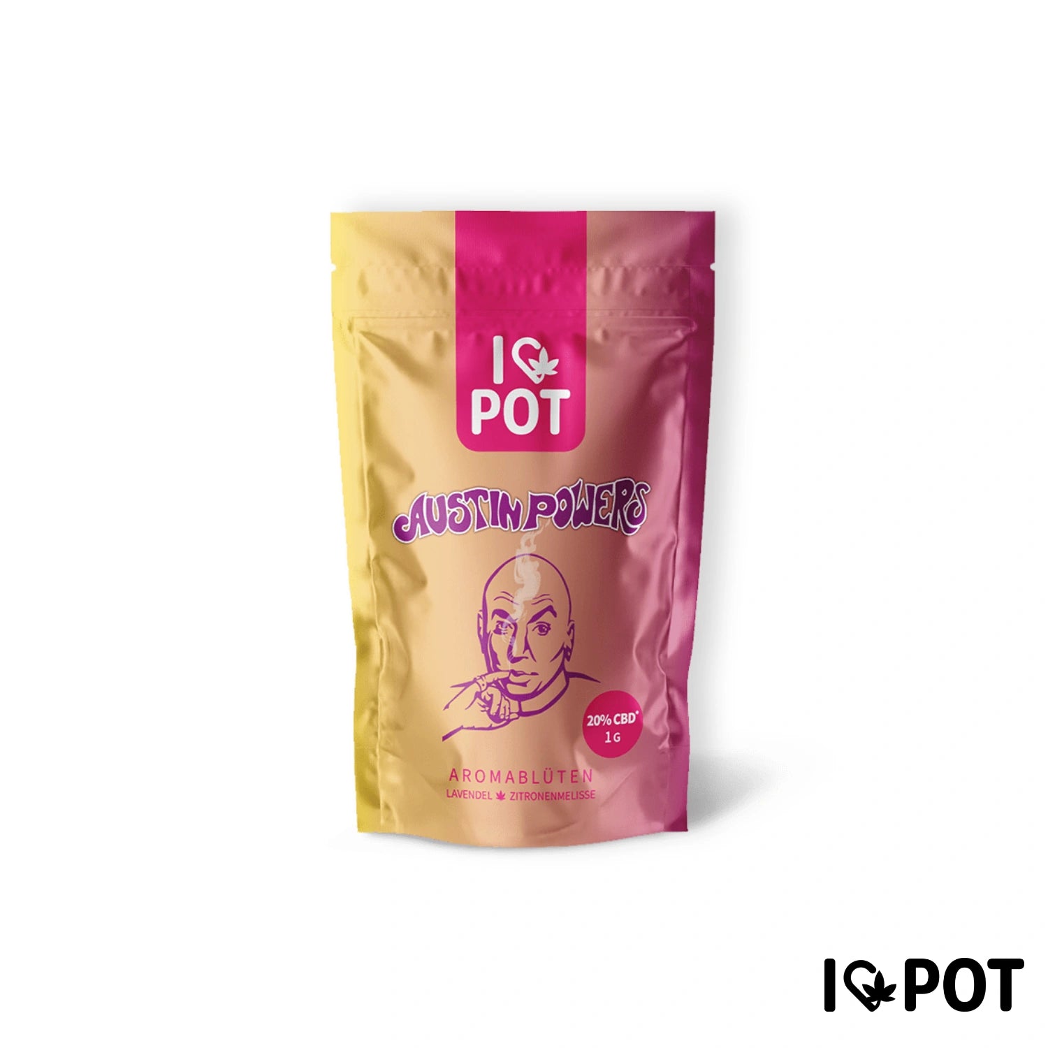 I LOVE POT Fleur d'CBD Austin Powers dans un sachet coloré avec du jaune, du rose et du bordeaux, 20 % CBD, fleur aromatique...