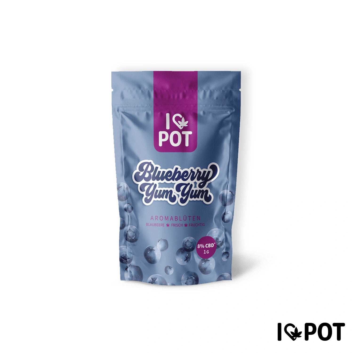 I LOVE POT CBD-Fleurs Blueberry Yum Yum dans un sachet bleu avec des myrtilles et un ruban à logo magenta, 8 %...