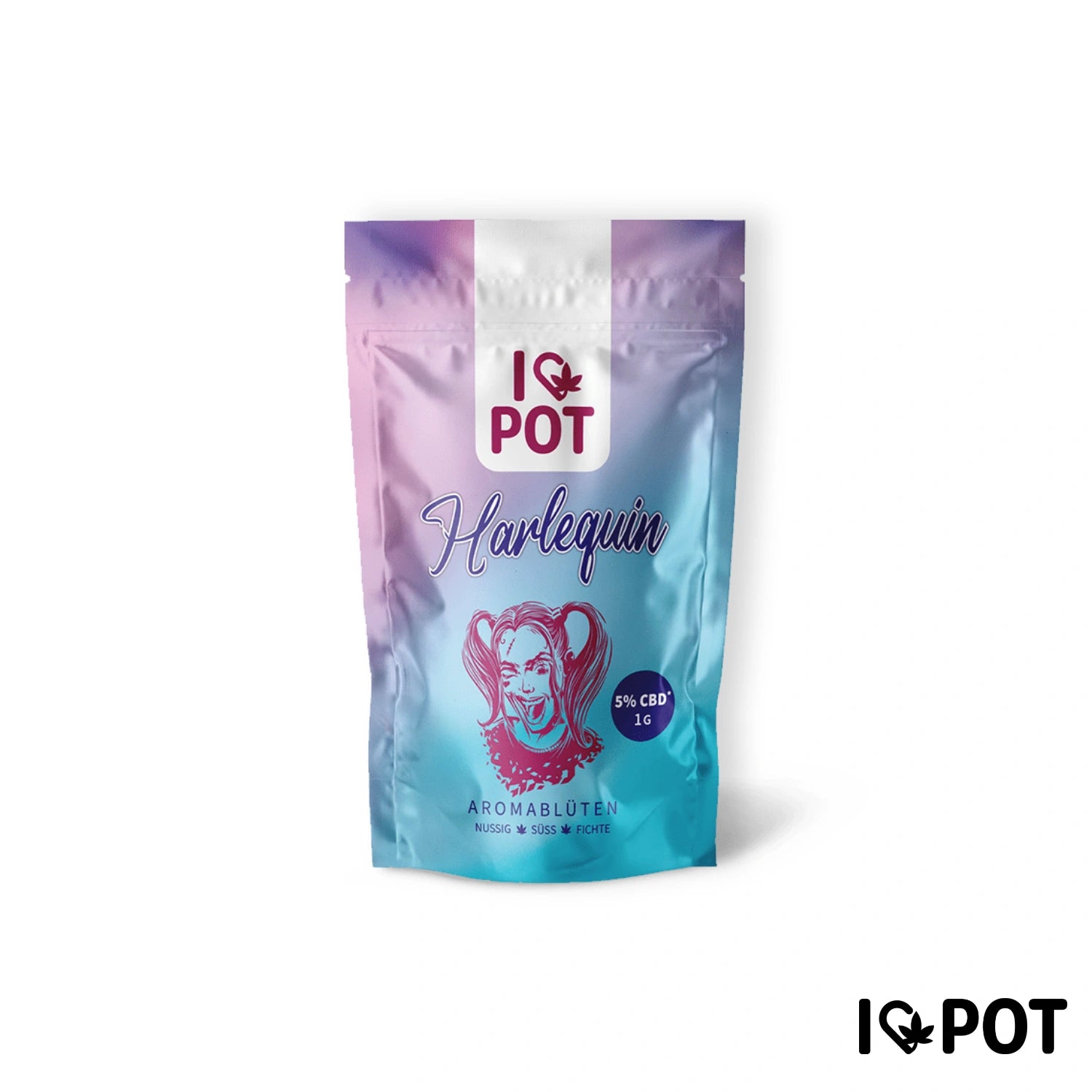 I LOVE POT Harlequin CBD-Fleurs 5 % dans un emballage dégradé coloré avec un portrait d’Harlequin et une mention sur les fleurs aromatiques.