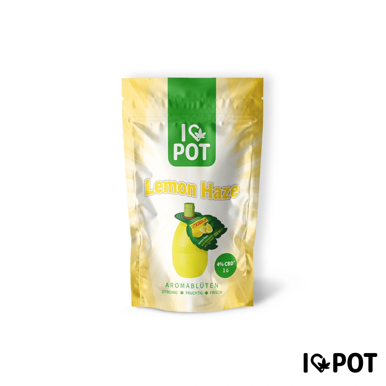 I LOVE POT Lemon Haze CBD-Fleurs 4 % CBD dans un emballage de fleurs aromatiques jaune-vert avec une illustration de citron.