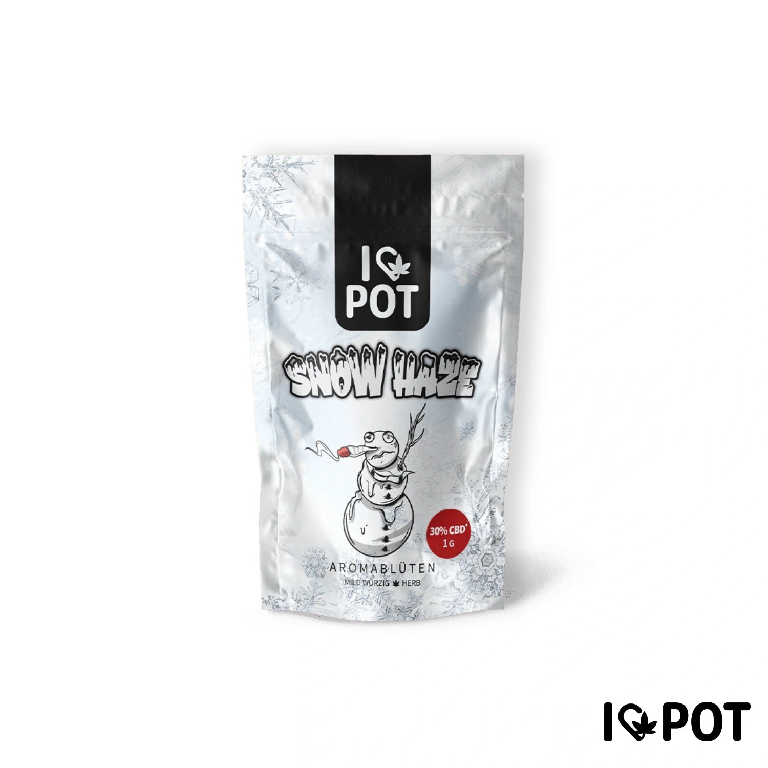 I LOVE POT Brume de neige CBD-fleur 30 % CBD dans un emballage argenté avec motif de bonhomme de neige et étiquette de fleurs aromatiques.