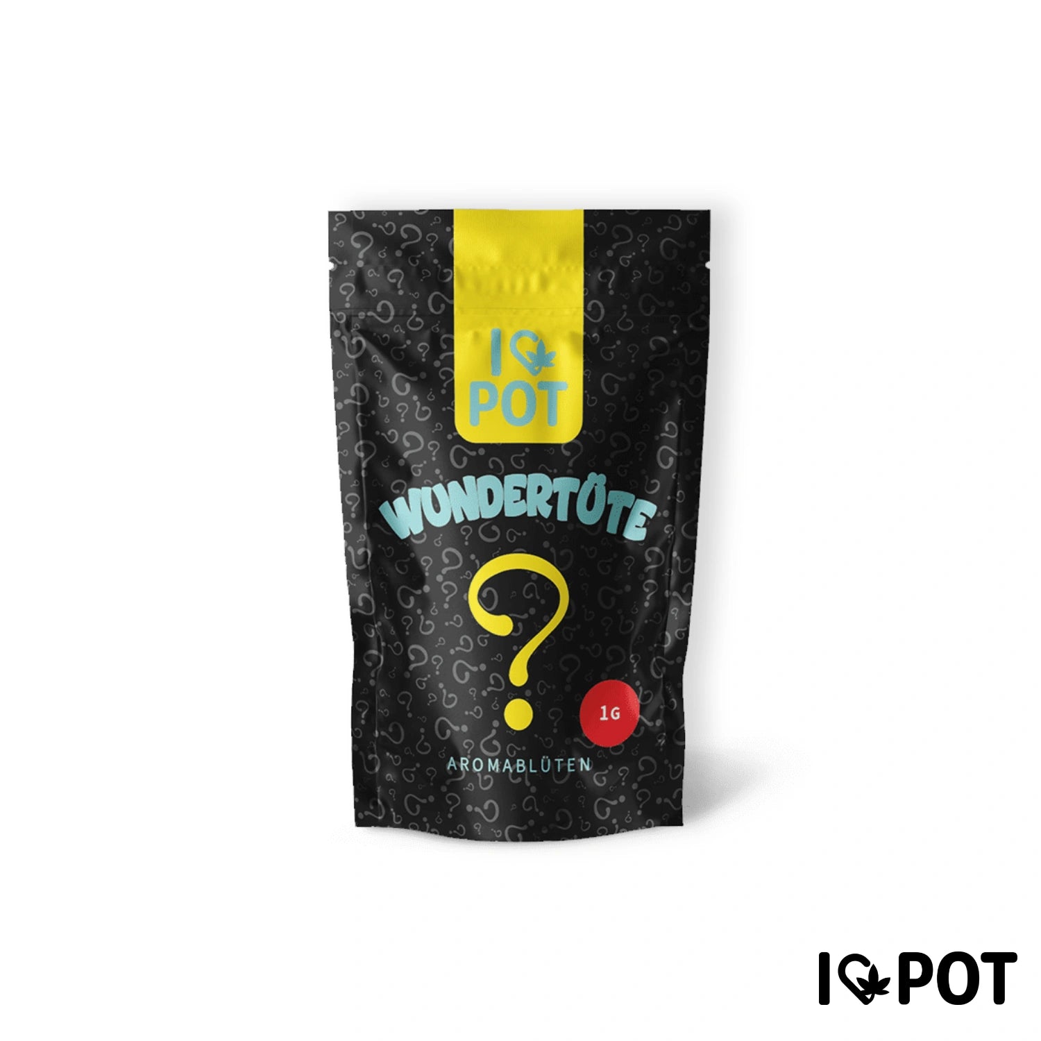 I LOVE POT CBD-fleur pochette surprise dans un emballage noir avec un logo jaune, un grand point d’interrogation et une indication de fleurs aromatiques...