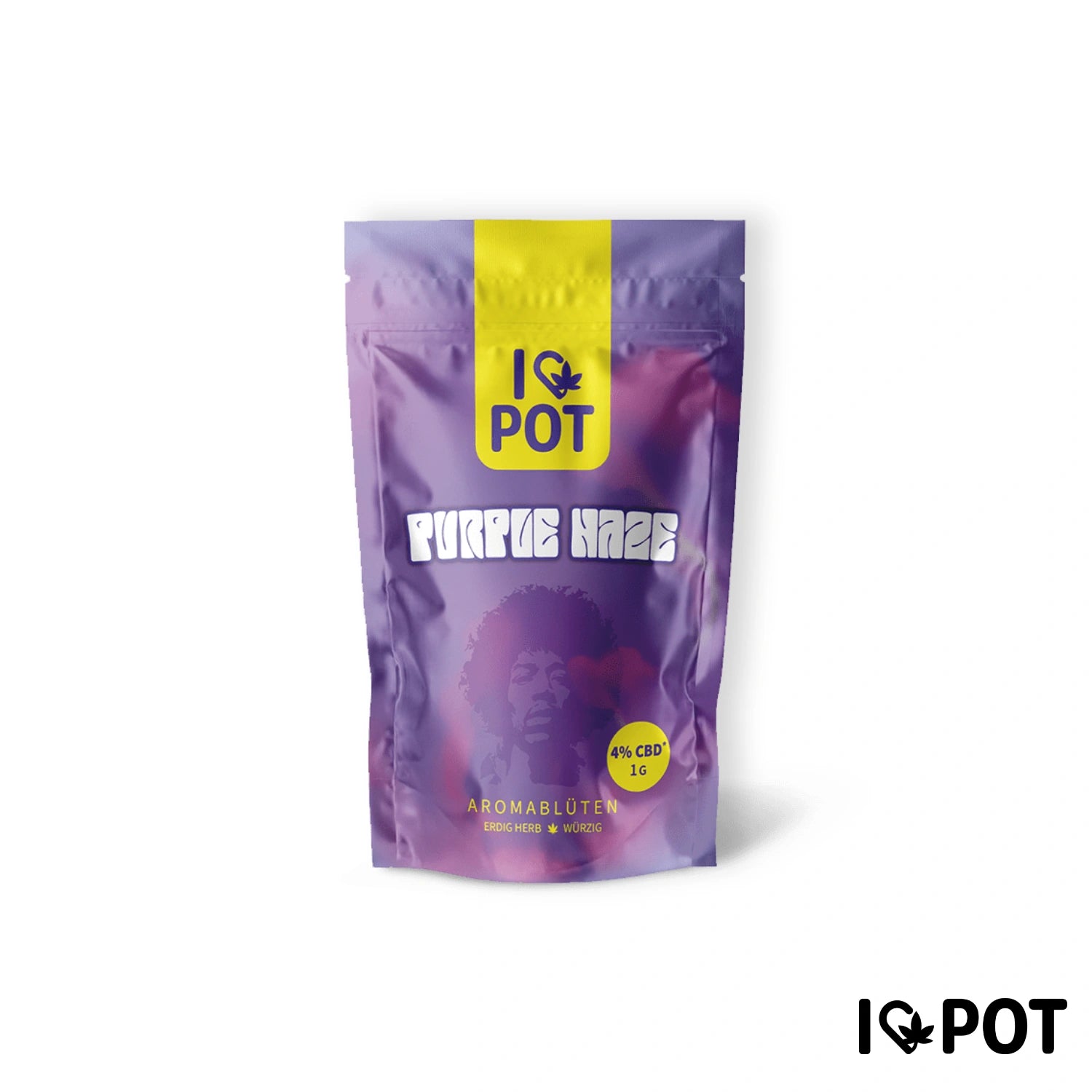 I LOVE POT Purple Haze CBD-fleur dans un sachet violet avec une étiquette jaune et une indication de 4 % CBD.