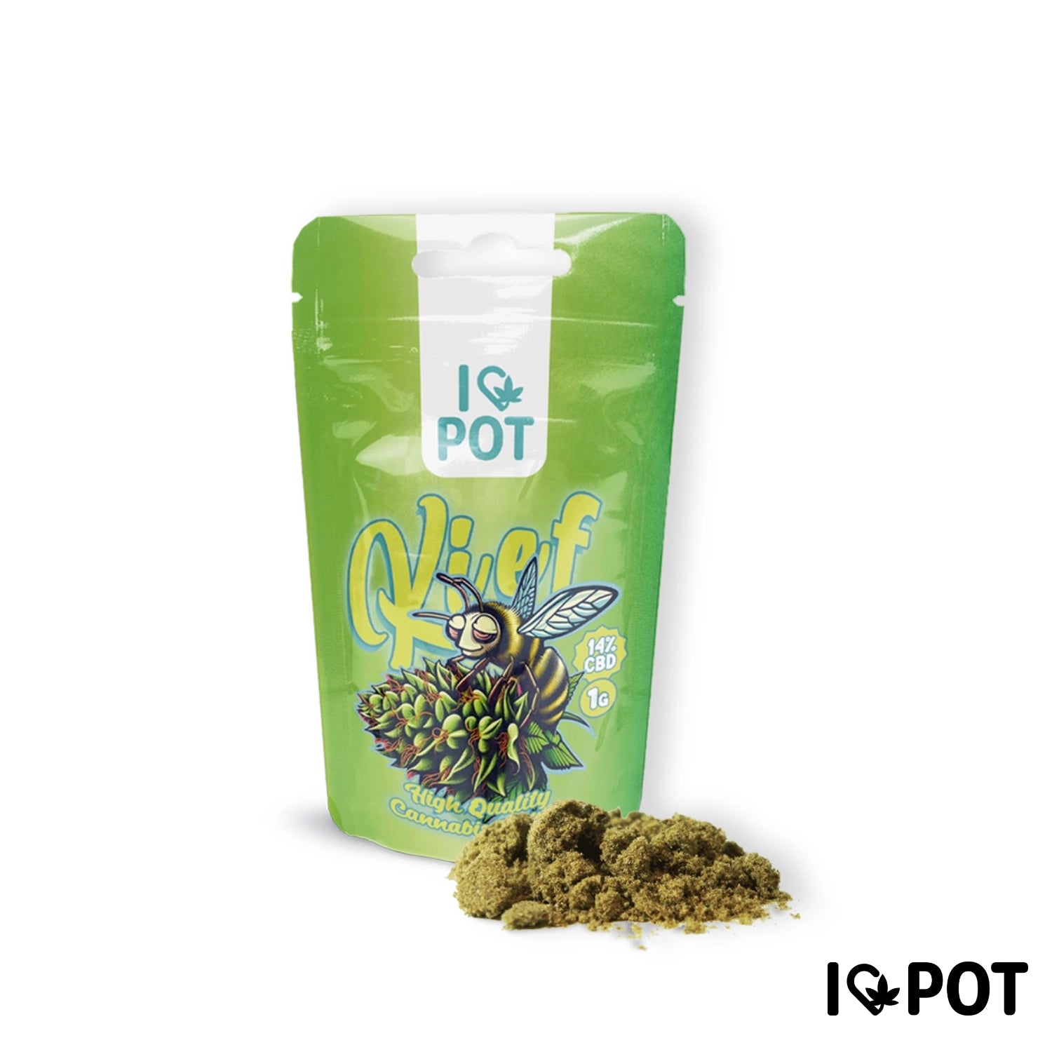 I LOVE POT CBD Pollen Kief dans un emballage vert avec une abeille, à côté du kief jaune-vert en vrac. 47 % CBD, contenu : 1 g.