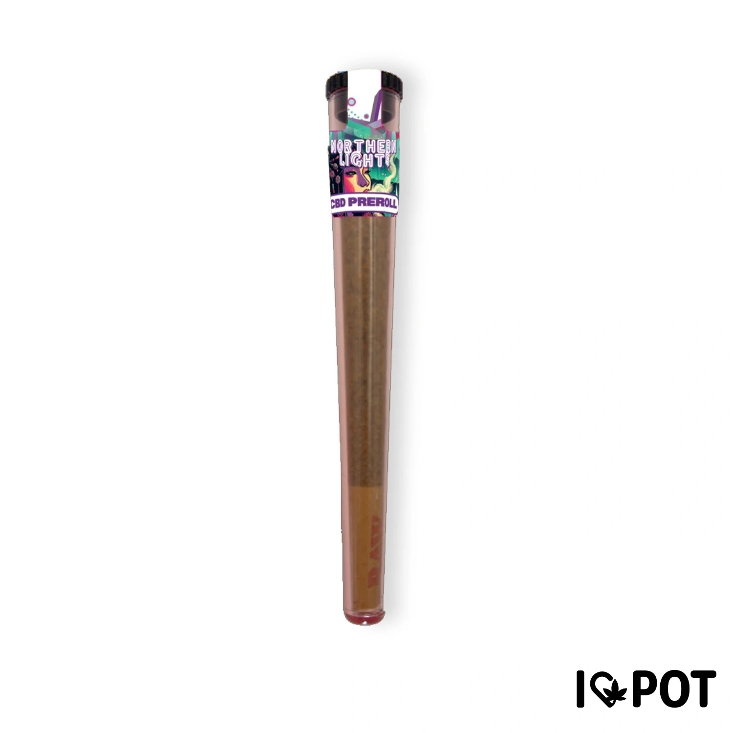 CBD Preroll Northern Lights de I LOVE POT : longue cigarette brune avec une étiquette colorée en violet et vert sur un fond blanc...