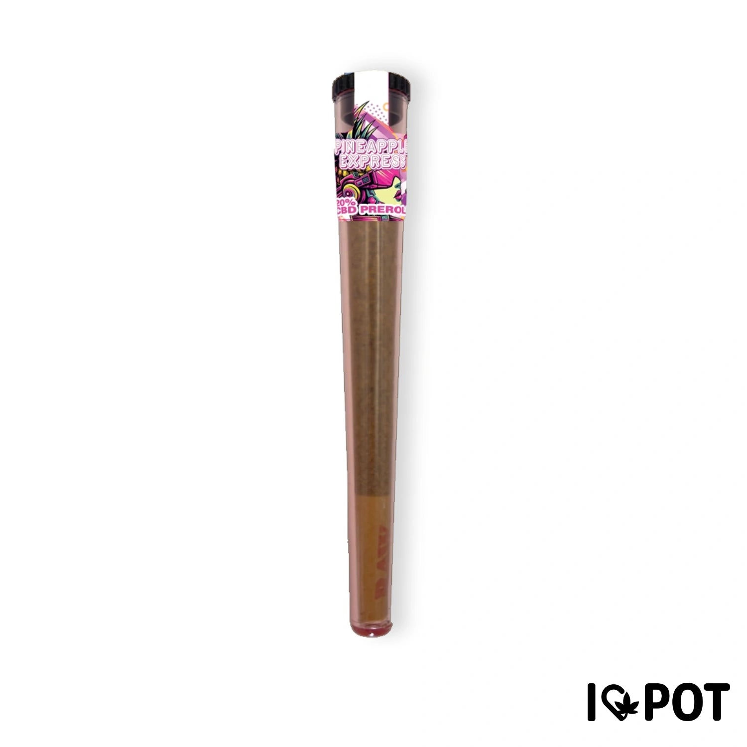 CBD Preroll Pineapple Express de I LOVE POT - Cigarette brune à base de cannabis en forme de tube avec une étiquette colorée rose-jaune, transpar...