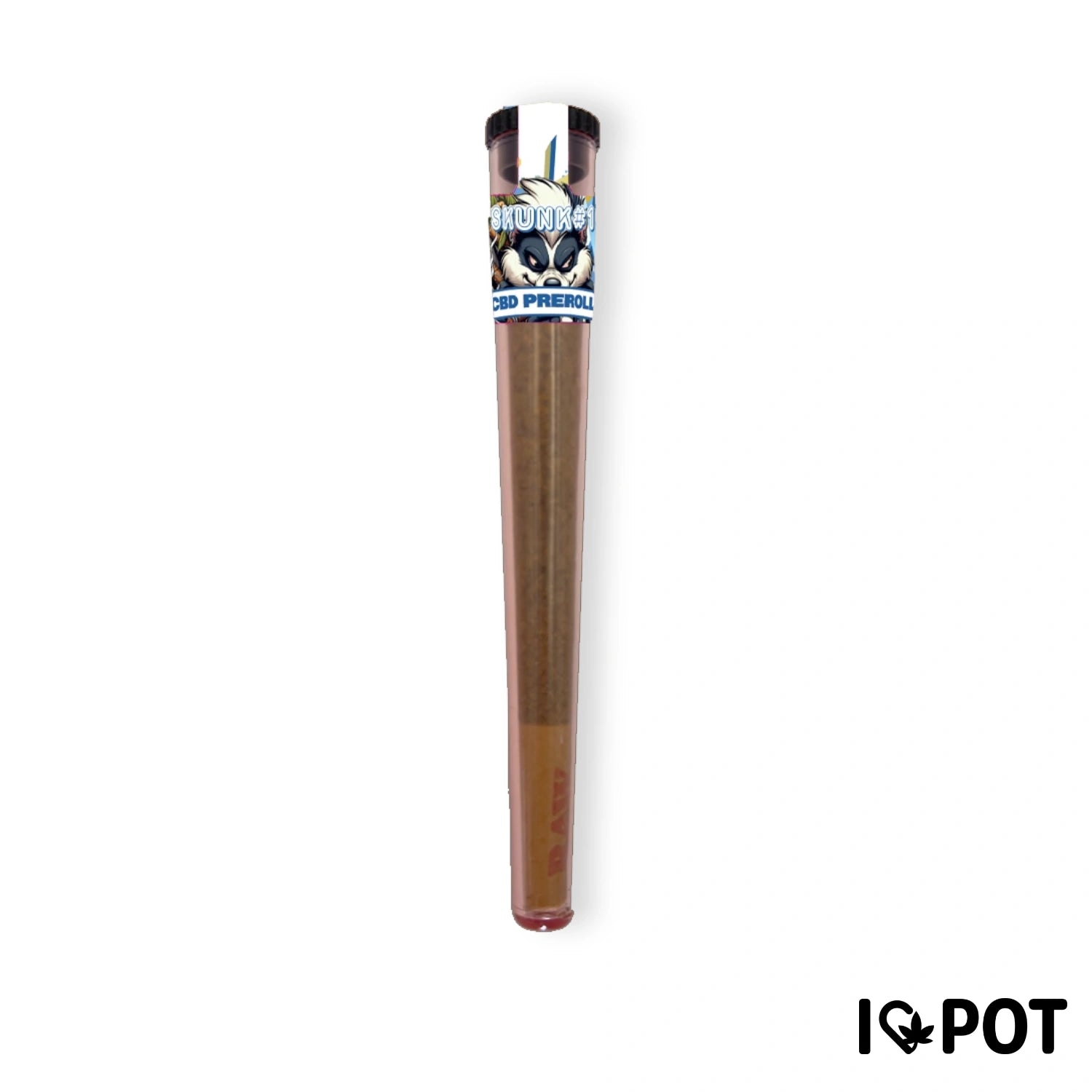 CBD Preroll Skunk de I LOVE POT avec papier brun et bande noire et blanche portant le logo Skunk sur fond blanc.