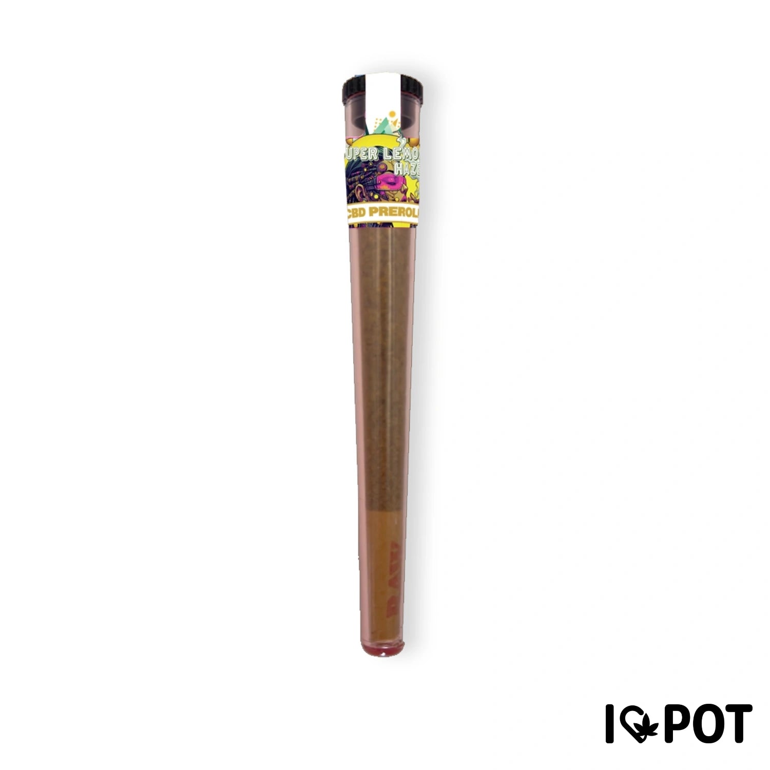 CBD Preroll Super Lemon Haze avec bande colorée et papier brun de I LOVE POT sur fond blanc.