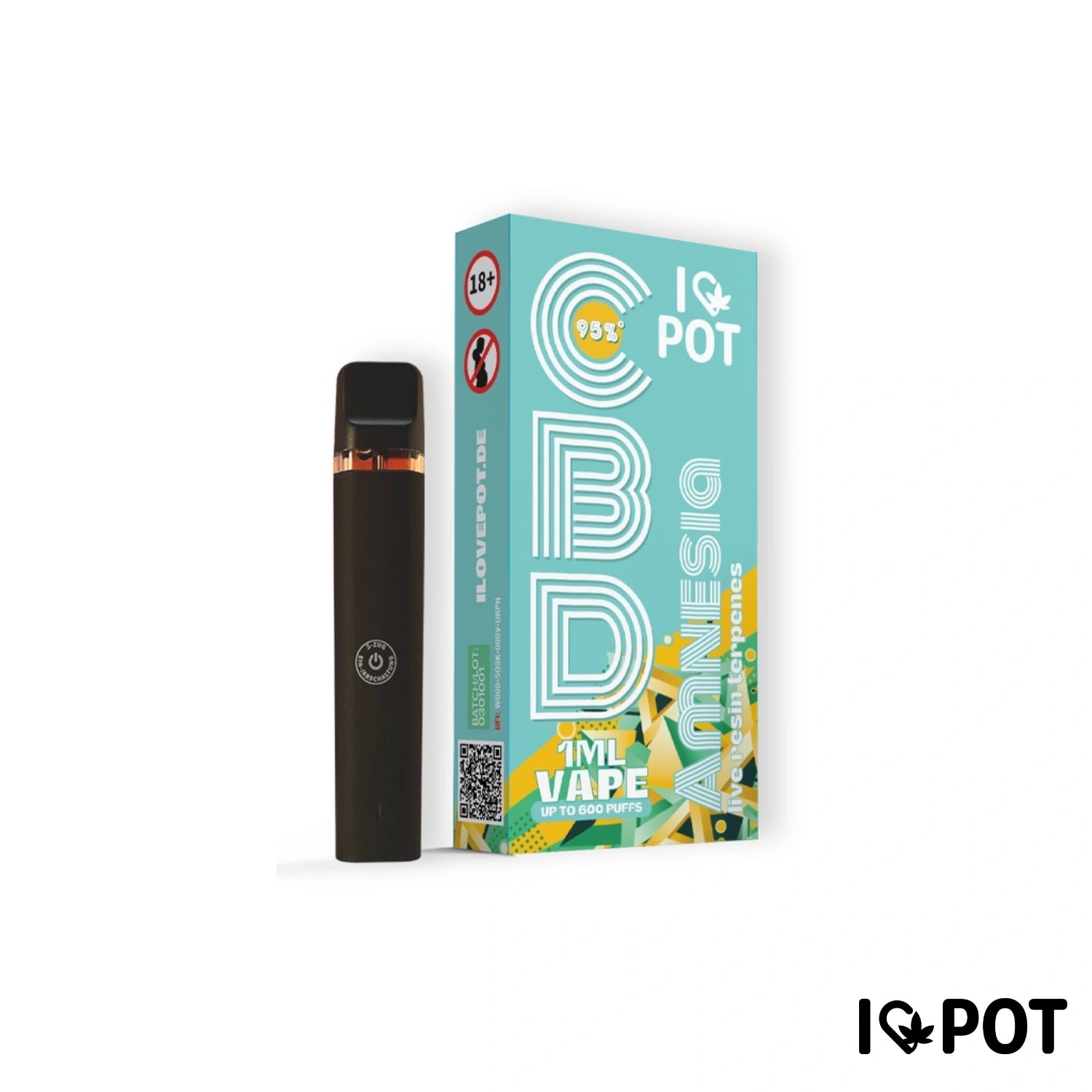 I LOVE POT CBD Vape Pen 95 % Amnesia avec stylo noir et emballage turquoise, jusqu'à 600 bouffées, 1 ml de contenu.