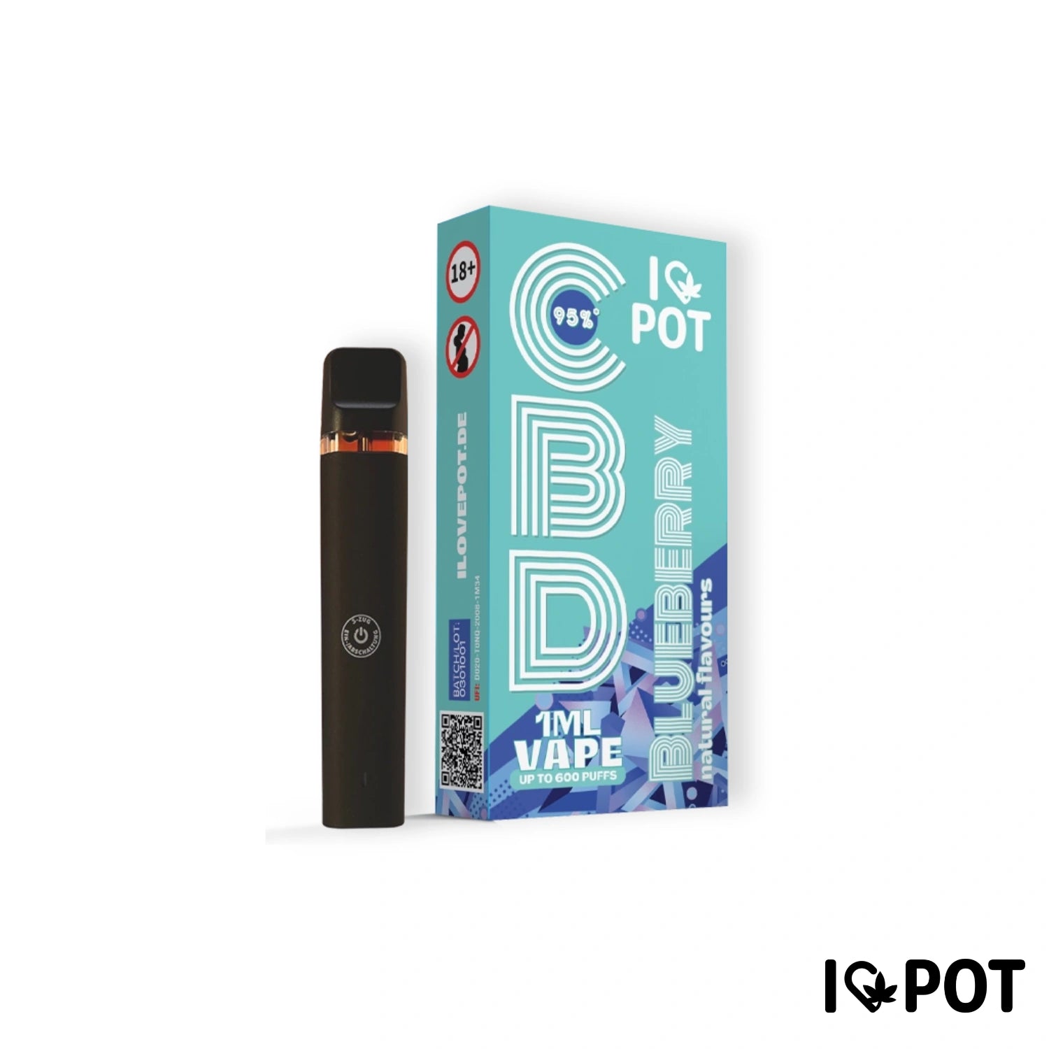 I LOVE POT CBD Vape Pen 95 % Blueberry avec emballage turquoise, stylo vape noir et jusqu'à 600 bouffées, marqué 18+.