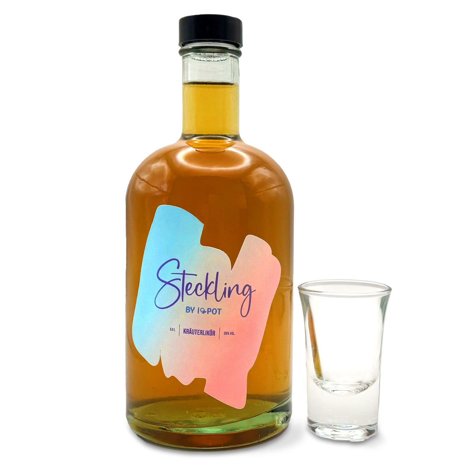 Licor de cáñamo Steckling 0,5 l de I LOVE POT con licor de hierbas, botella de vidrio marrón con logotipo colorido y vaso de licor.