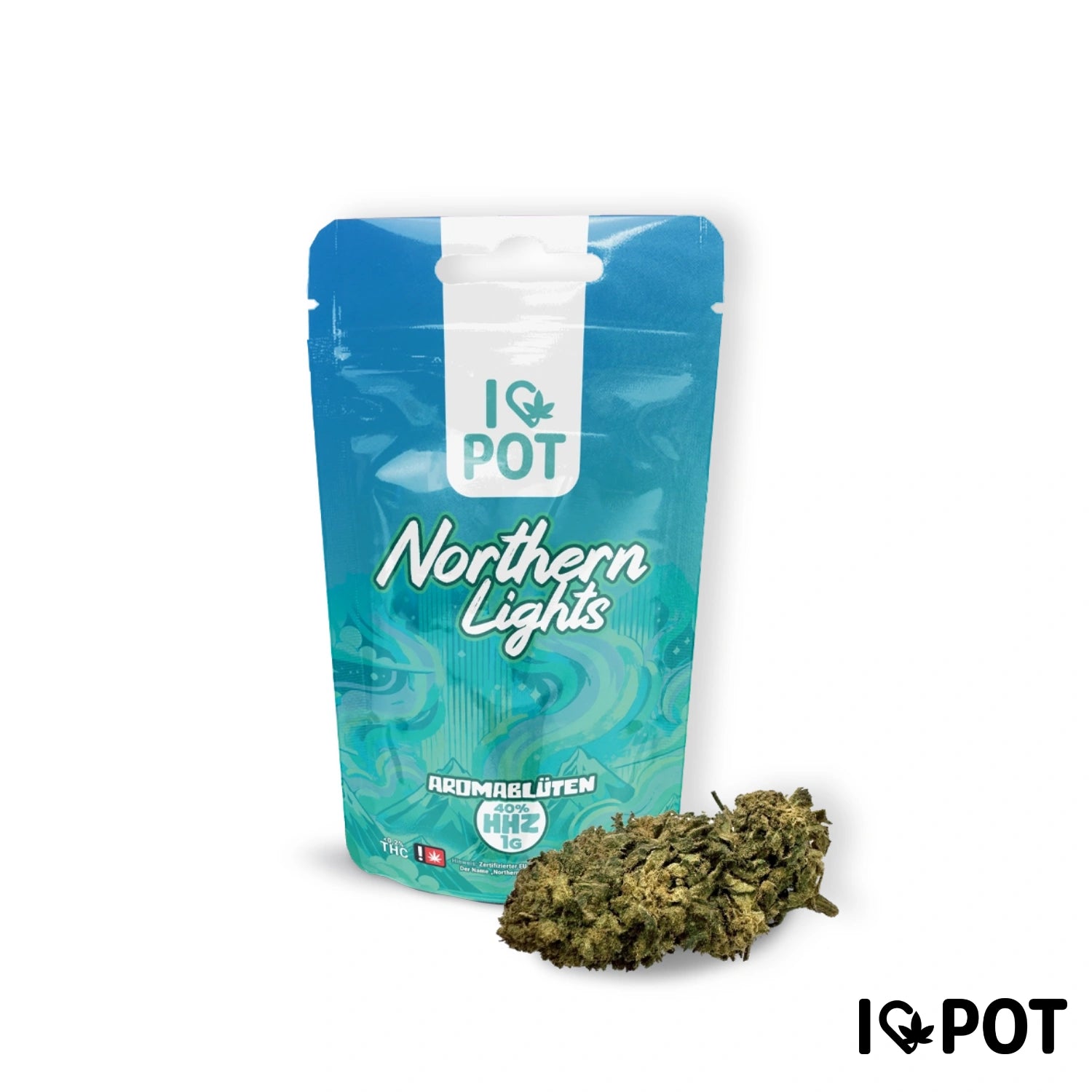 I LOVE POT HHZ flor Northern Lights en un envase turquesa con un diseño de flores aromáticas y una muestra del producto al lado.
