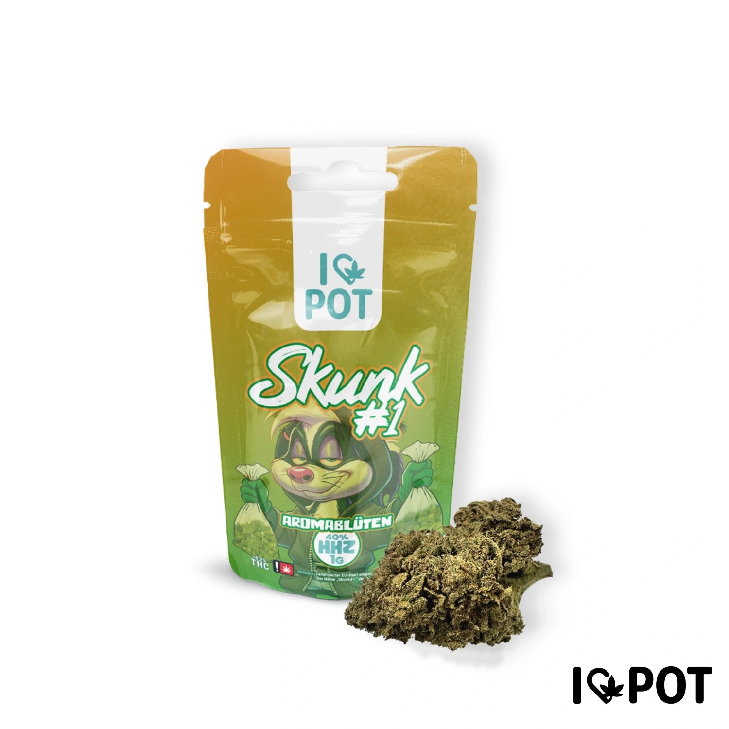 I LOVE POT HHZ blossom Skunk #1 in green packaging with hemp blossoms, 40% HHZ content, aromatic hemp blossoms.