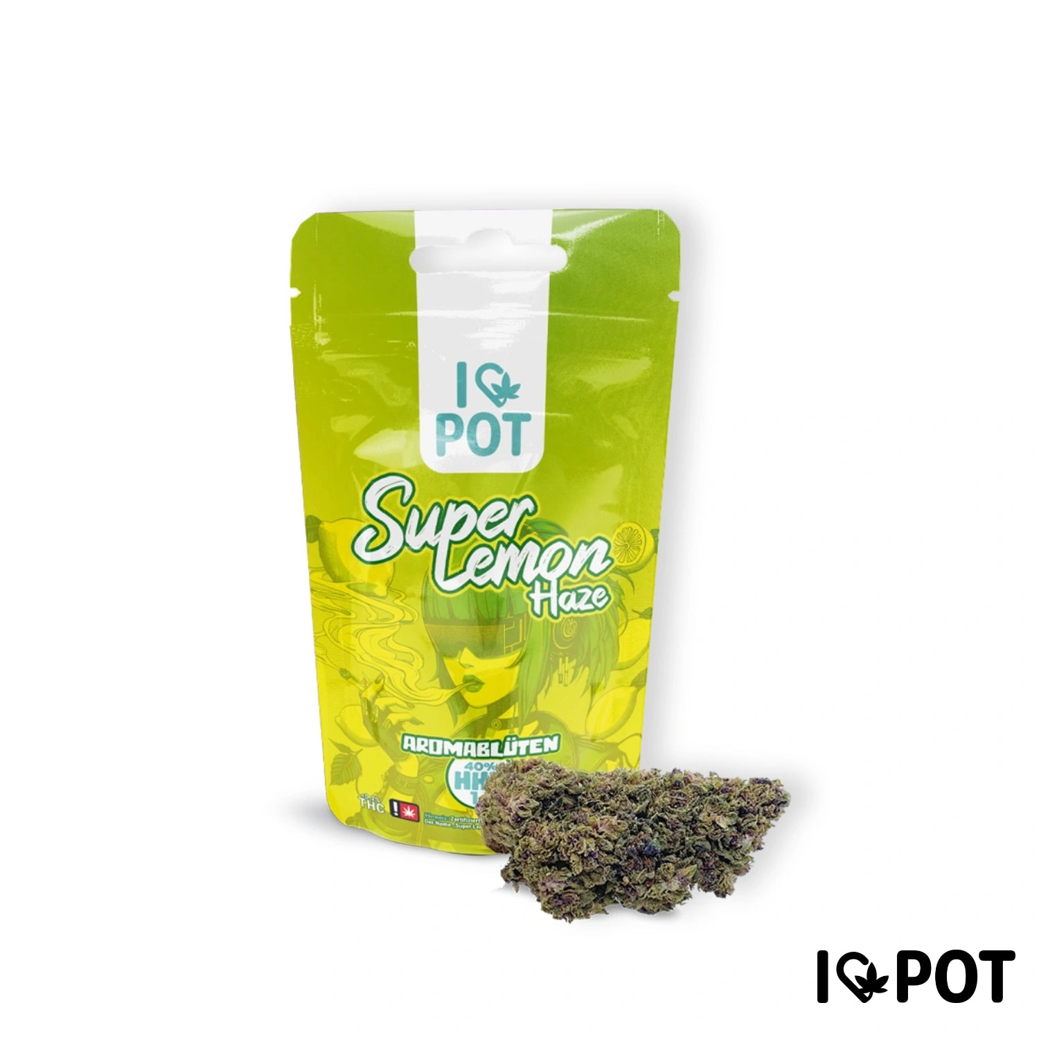 I LOVE POT HHZ Flor Super Lemon Haze en envase verde-amarillo con Flores secos al lado sobre fondo blanco.