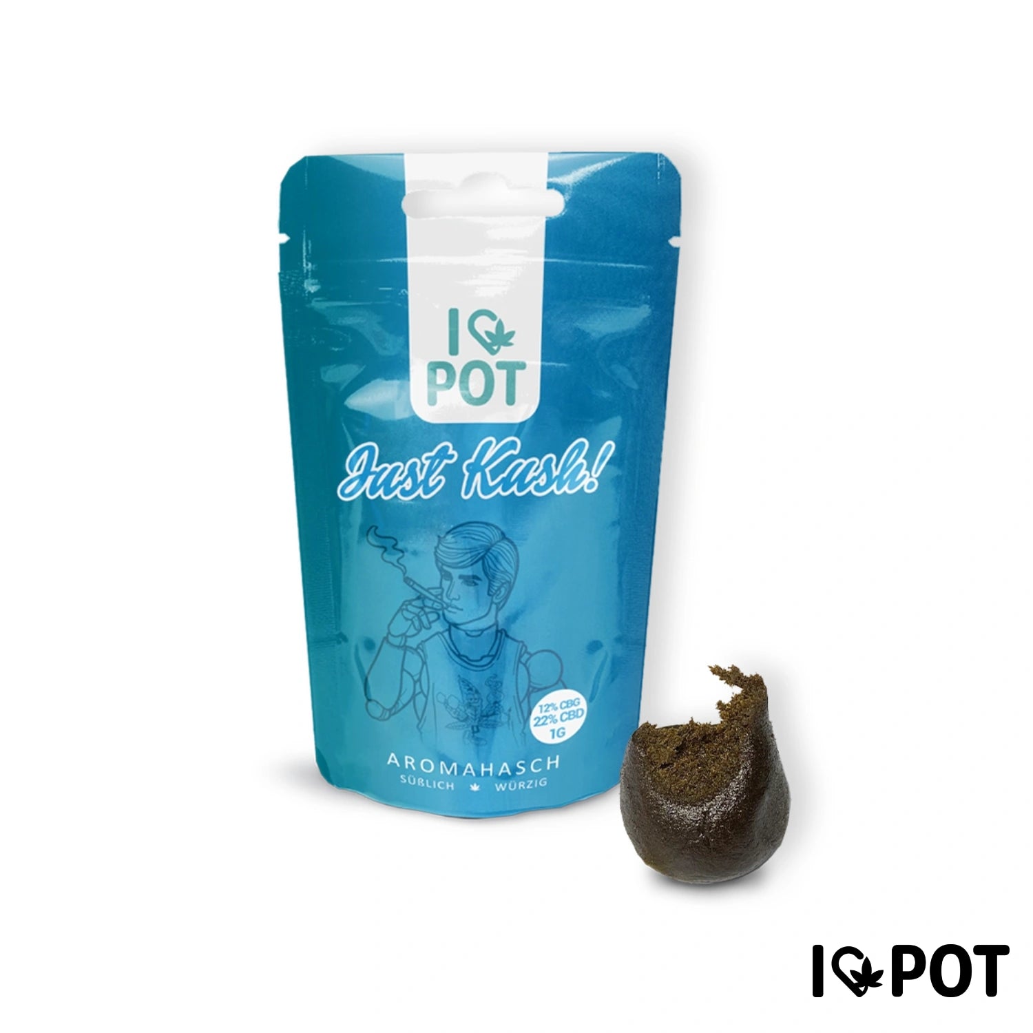 I LOVE POT Just Kush HASCHICH CBD dans un emballage bleu avec échantillon de produit, hasch aromatique à vaporiser, 12 % CBD et 22 % de CBDv