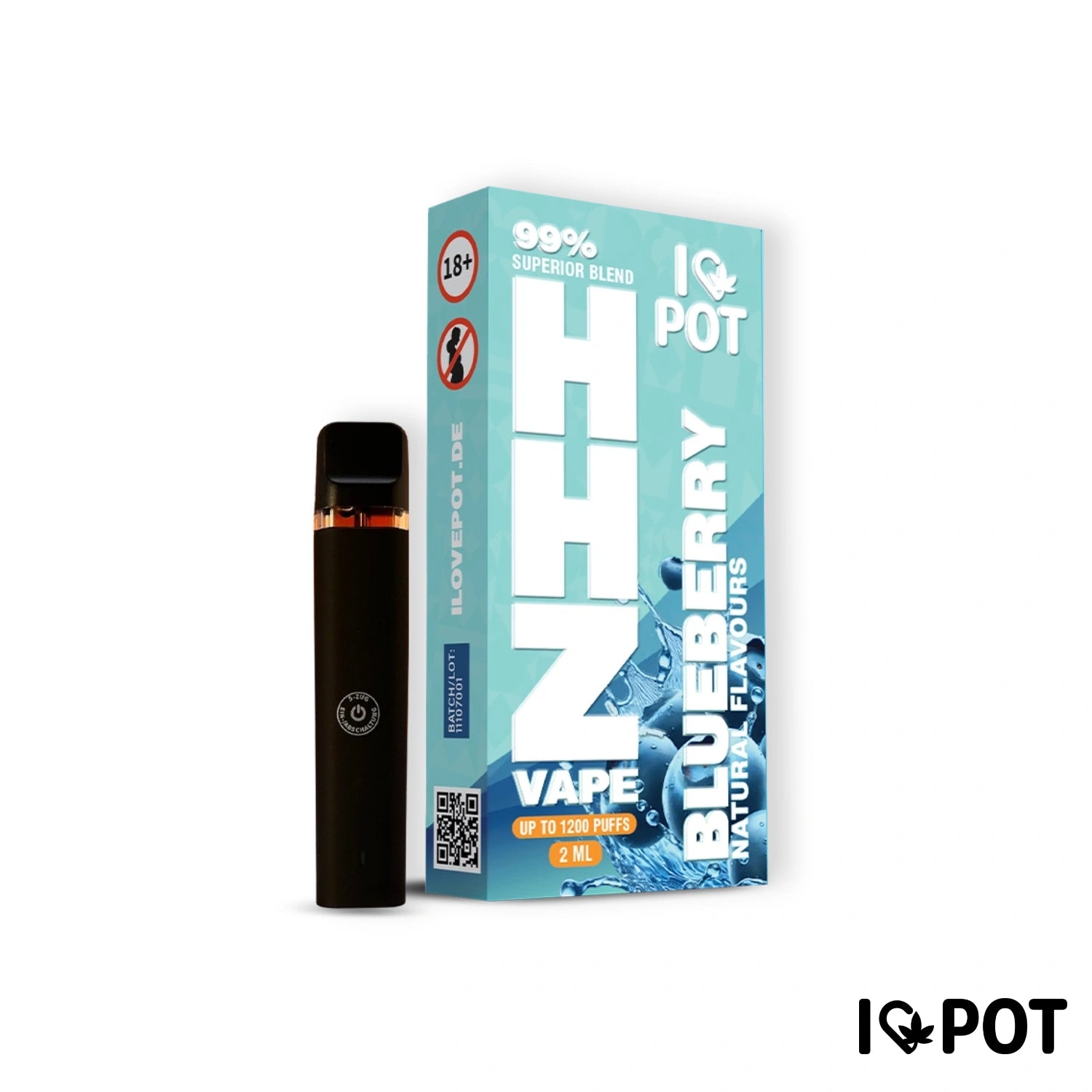 IQ POT HHZ Vape Pen 95% Blueberry – czarny waporyzator obok turkusowego opakowania, 2 ml, do 1200 zaciągnięć
