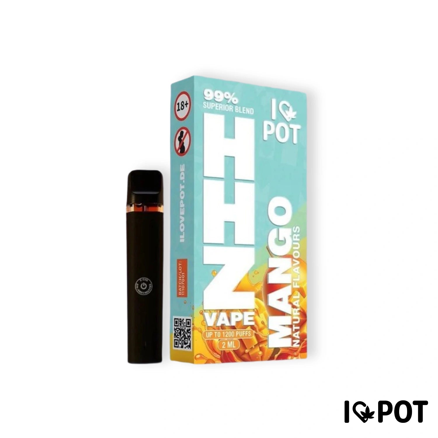 I LOVE POT HHZ Vape Pen 2ML Mango 95% – Czarny waporyzator obok turkusowego opakowania z informacjami o produkcie i do ...