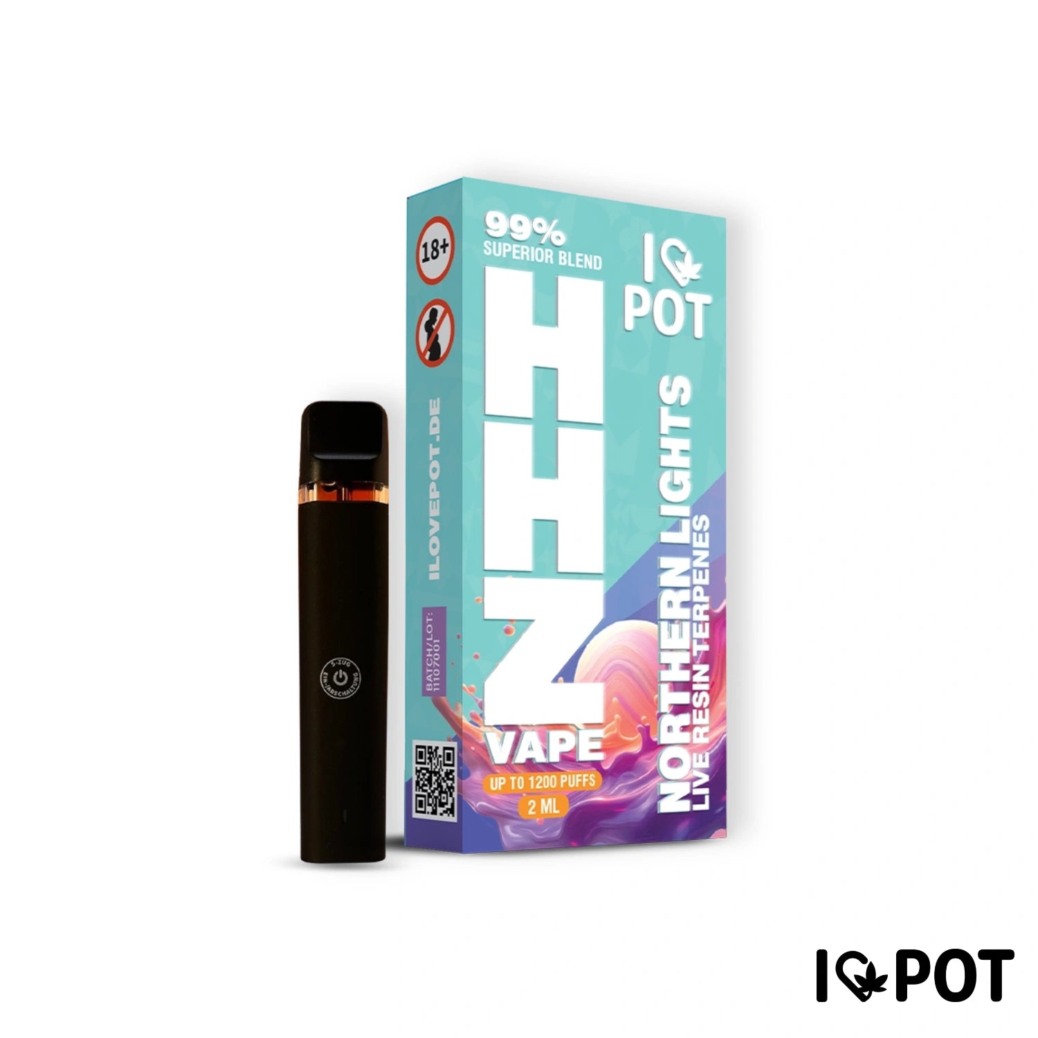 I LOVE POT HHZ Vape Pen Northern Lights 2 ml z turkusowo-fioletowym opakowaniem, do 1200 zaciągnięć, czarny waporyzator z panelem dotykowym...