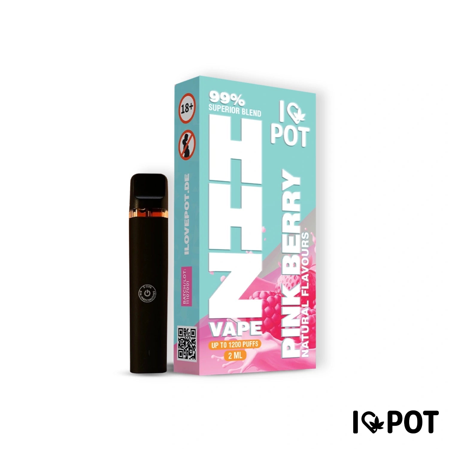 IQ Pot HHZ Vape Pen 2ML Pink Berry – czarny waporyzator z turkusowo-różowym opakowaniem, 1200 zaciągnięć, 99% Superior Blend