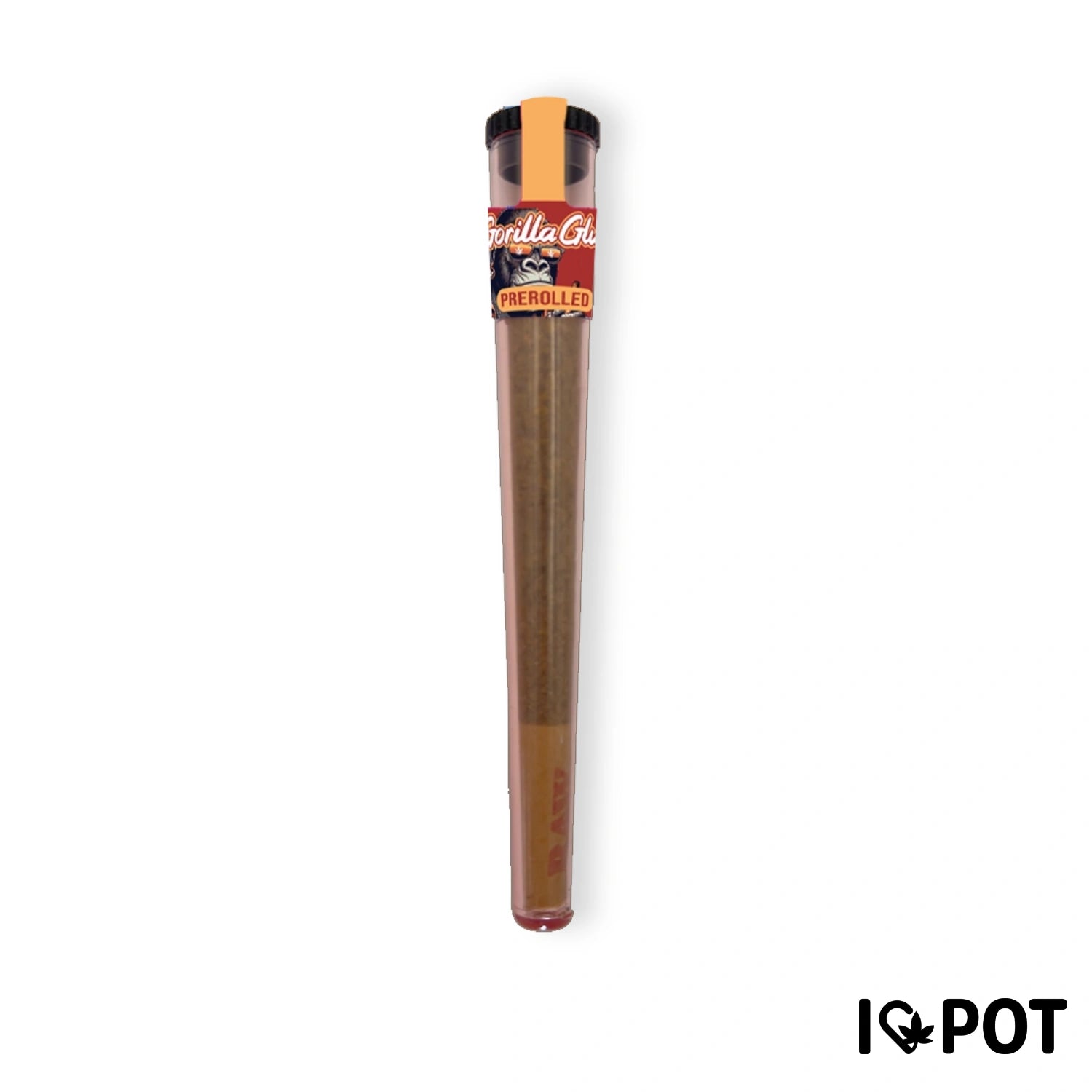 Gorilla Glue Pre-roll de I LOVE POT en tubo de tabaco con tapa naranja y etiqueta roja, aislado sobre fondo blanco...