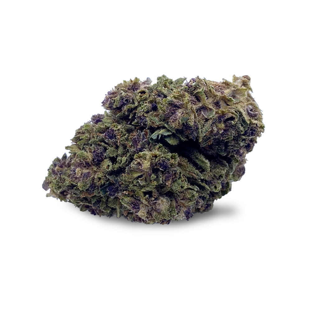 HHZ Flor Super Lemon Haze de I LOVE POT: Flor verde y violeta con densa cobertura de cristales sobre fondo blanco...