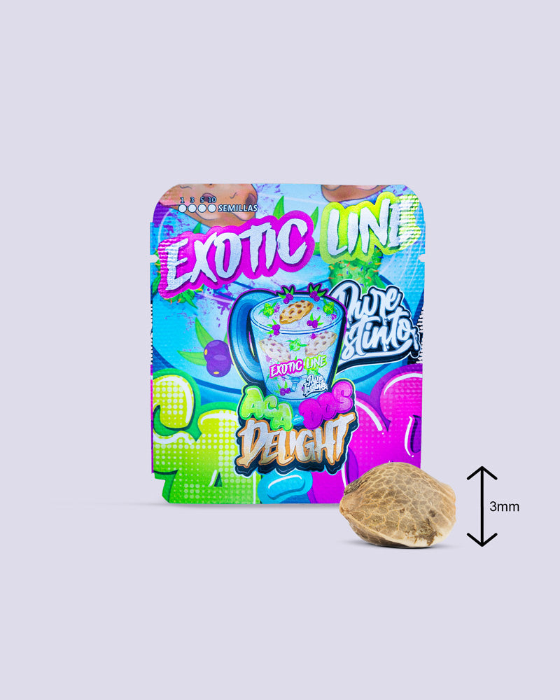 Exotic Line Aca-Dos Delight nasiona konopi w opakowaniu z kolorowym wzorem, obok porównanie wielkości z 3 mm nasionem od I Love...