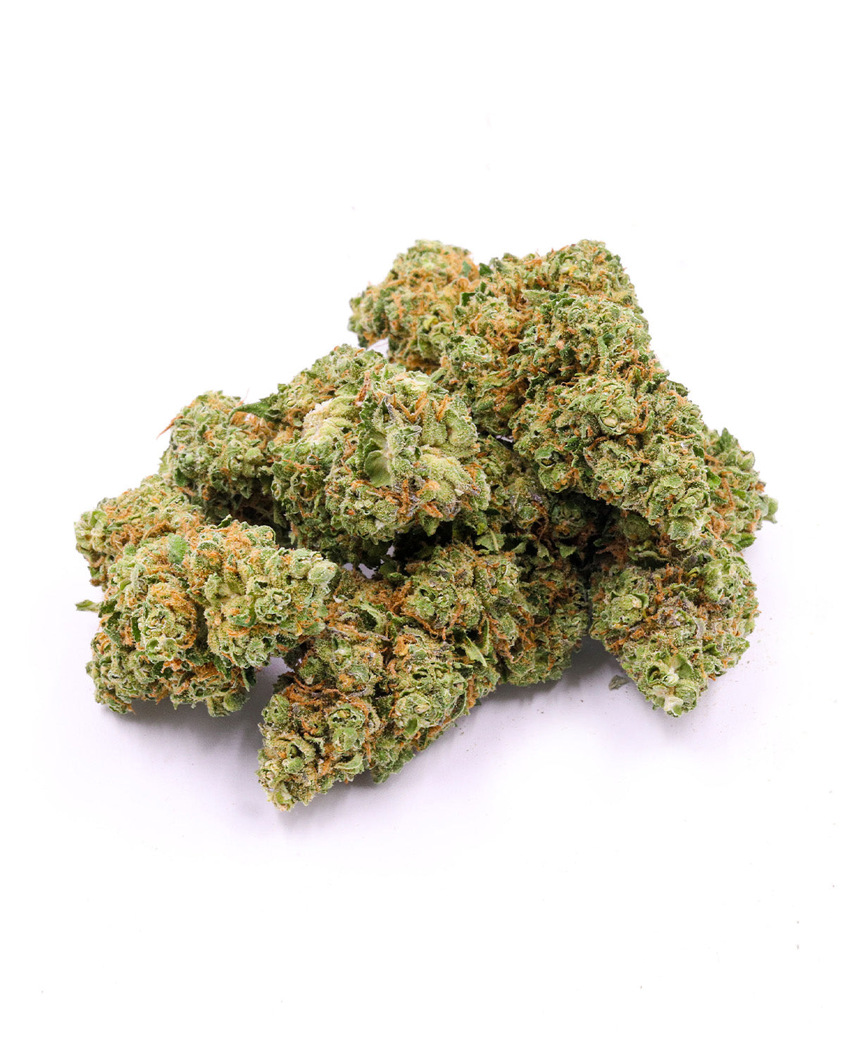 Fleur de CBD Lemon Haze de I LOVE POT : fleurs vertes et cristallines avec des pistils orange-rouge sur fond blanc.