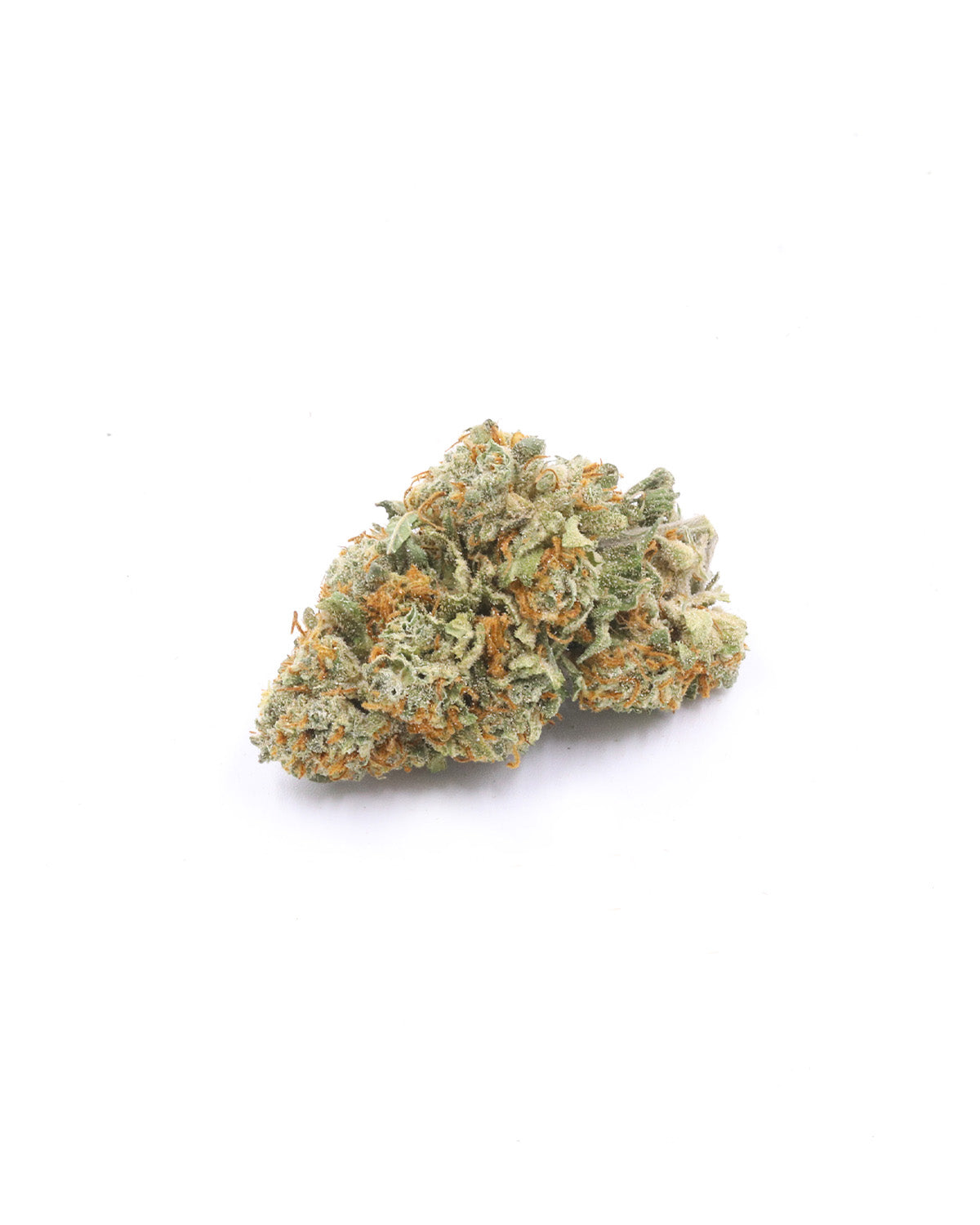 Fleur de CBG Orange Skunk de I LOVE POT : bourgeon vert avec des cristaux orange doré sur fond blanc.